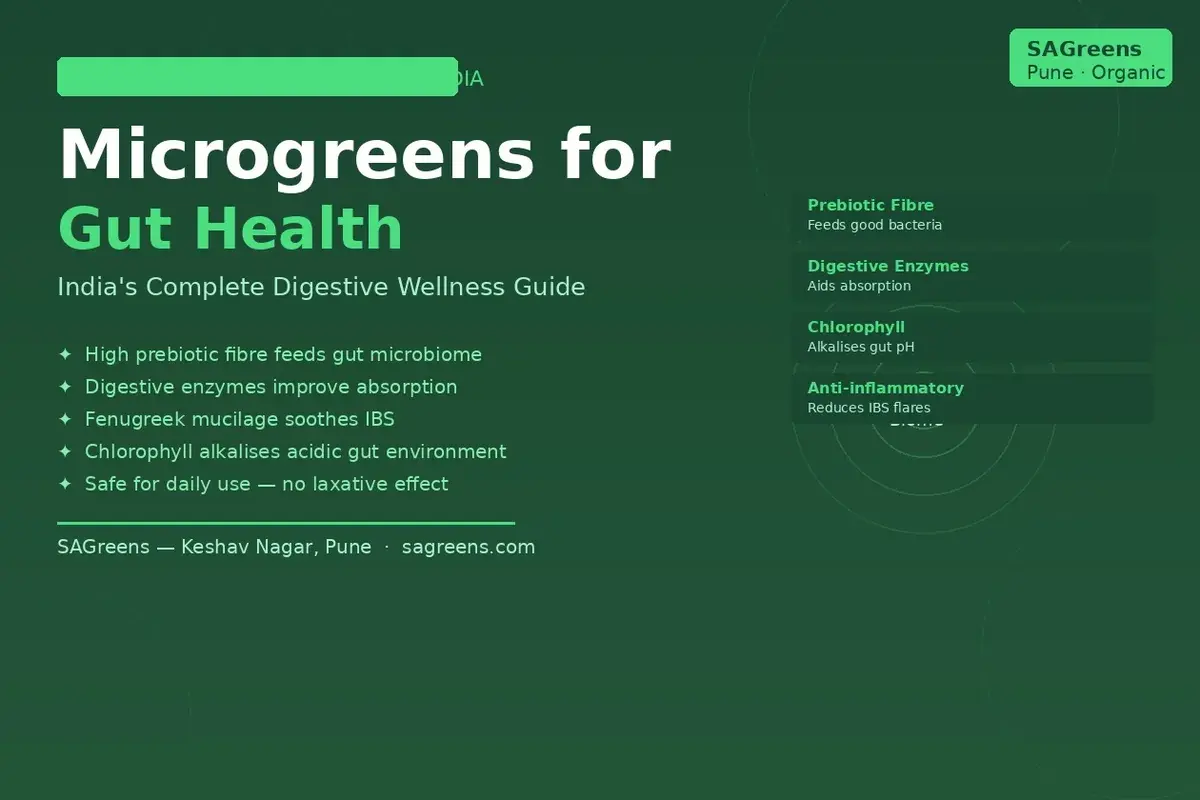 Microgreens for gut health India – IBS, bloating, microbiome diversity and digestive enzyme guide using pea shoots, fenugreek and broccoli microgreens by SAGreens
