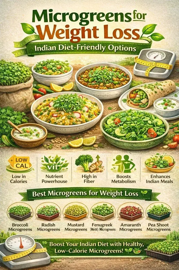 Microgreens for weight loss: Indian diet-friendly options – infographic with low cal, high fibre, best microgreens and Indian meal ideas