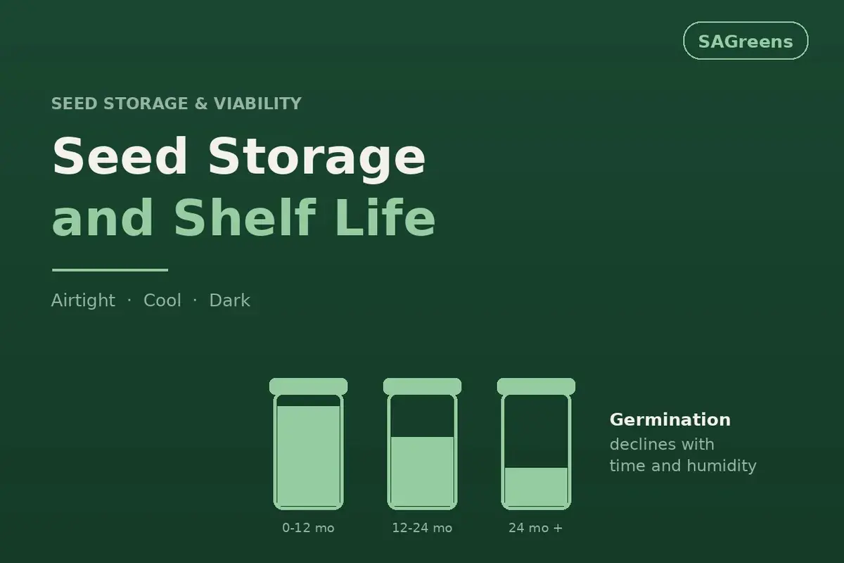 Microgreen seed storage and shelf life India - how long seeds stay viable, airtight cool dark storage, silica gel for monsoon humidity and the ten-seed germination test by SAGreens Pune