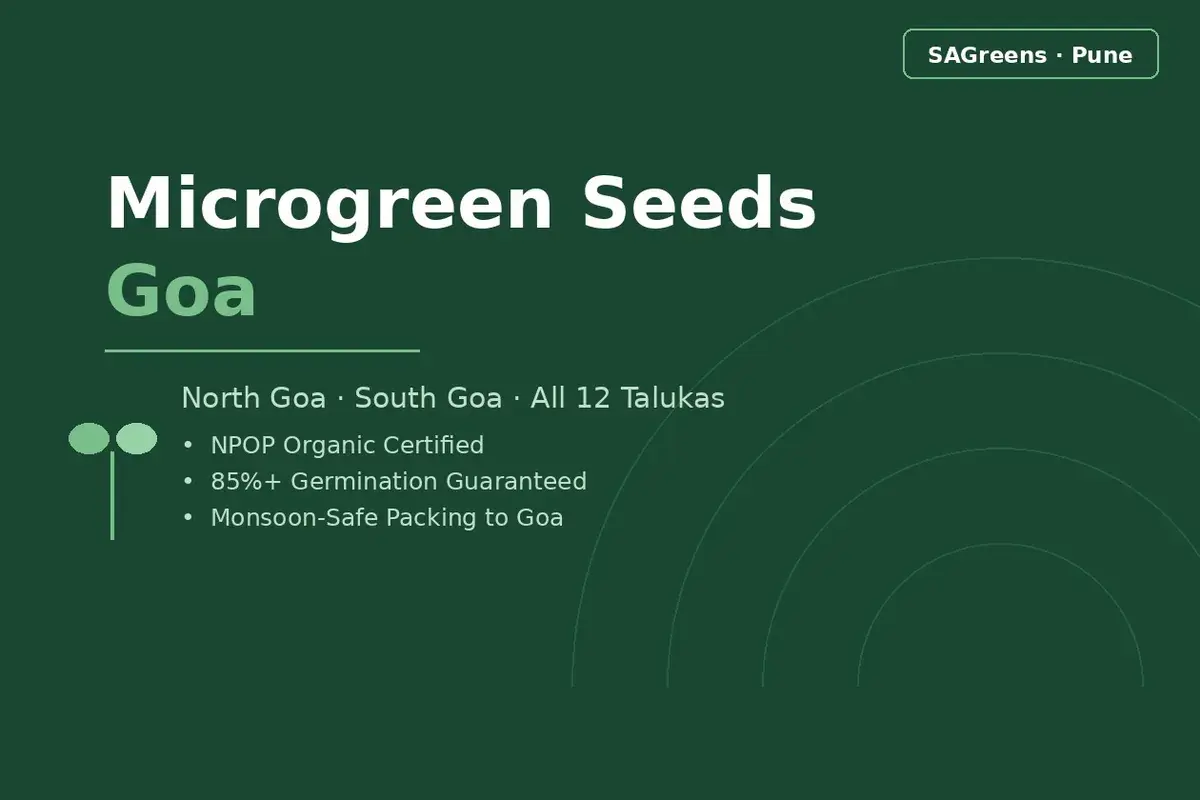 Microgreen seeds Goa - NPOP-certified organic seeds delivered to Panaji, Margao, Mapusa, Vasco and all 12 talukas across North and South Goa, with monsoon-safe storage guidance for coastal humidity by SAGreens Pune