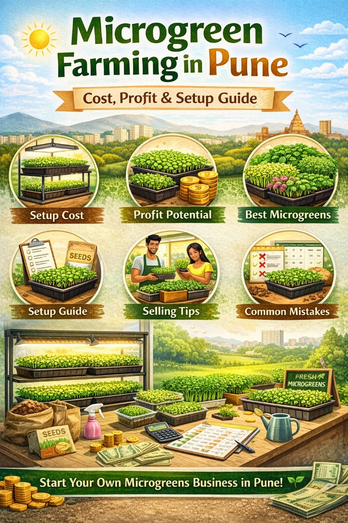 Microgreen farming in Pune – cost, profit and setup guide infographic with setup cost, profit potential, best microgreens, selling tips and common mistakes