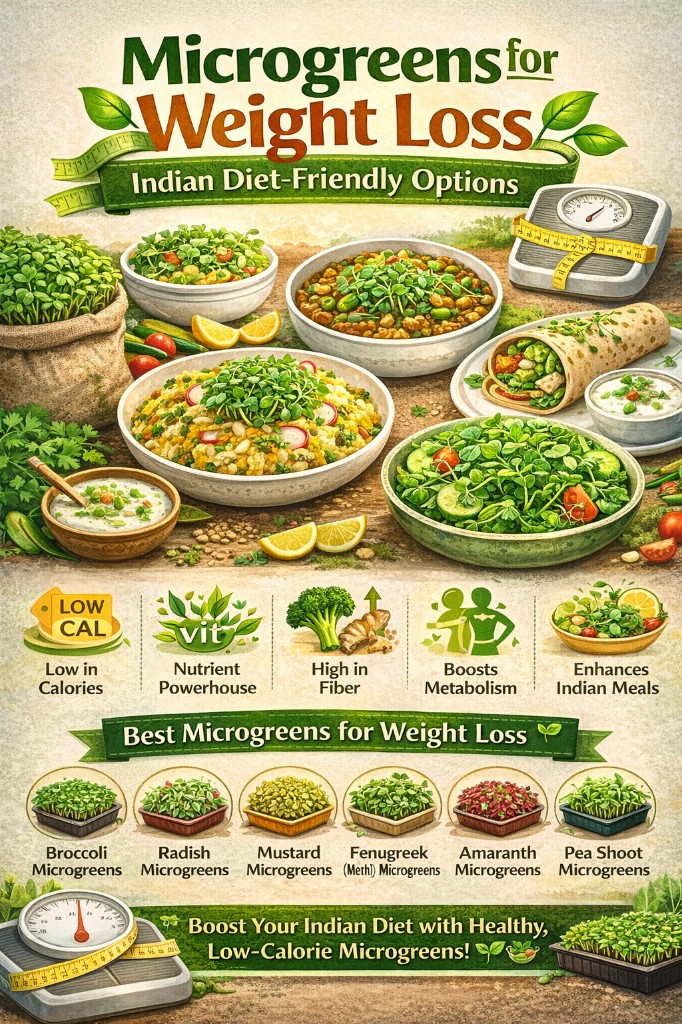 Microgreens for weight loss: Indian diet-friendly options – infographic with low cal, high fibre, best microgreens and Indian meal ideas