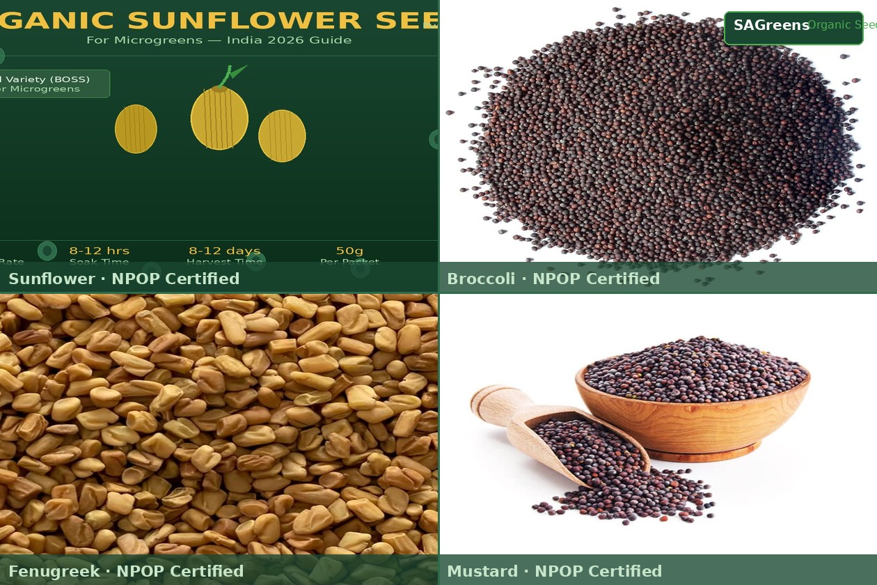 Organic microgreen seeds India – NPOP-certified untreated seeds including sunflower, radish, broccoli and pea shoot for home growers and commercial farms, by SAGreens Pune