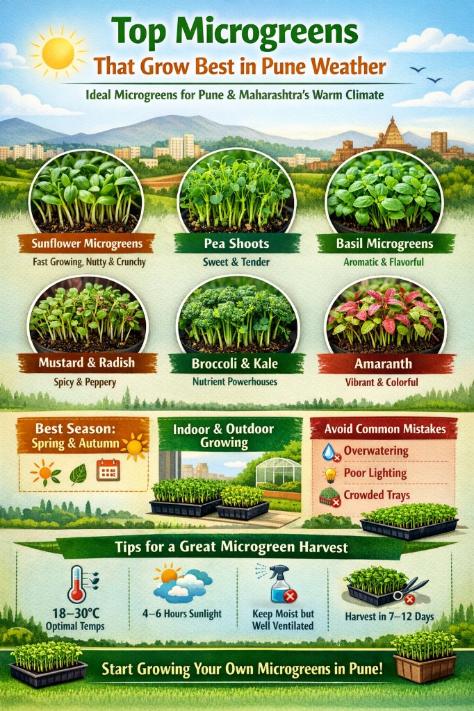 Infographic: Top microgreens that grow best in Pune weather – sunflower, pea, basil, mustard, radish, broccoli, kale, amaranth with best season, indoor and outdoor growing tips for Maharashtra